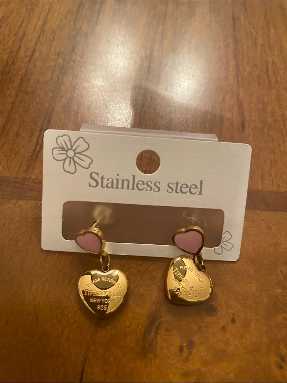 Gold & Pink Heart Drop Earrings - Stainless Steel